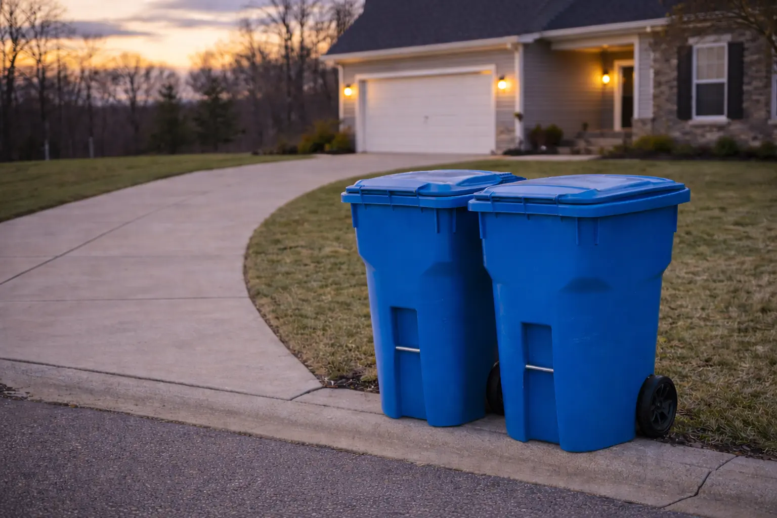 Two blue residential trash bins positioned at the curb in front of a Northeast Ohio home